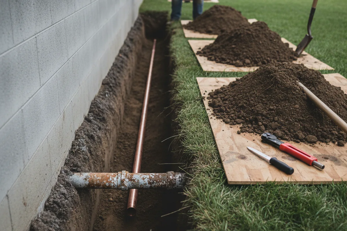 Excavated water line trench during Sewer Line Repair in Nevada